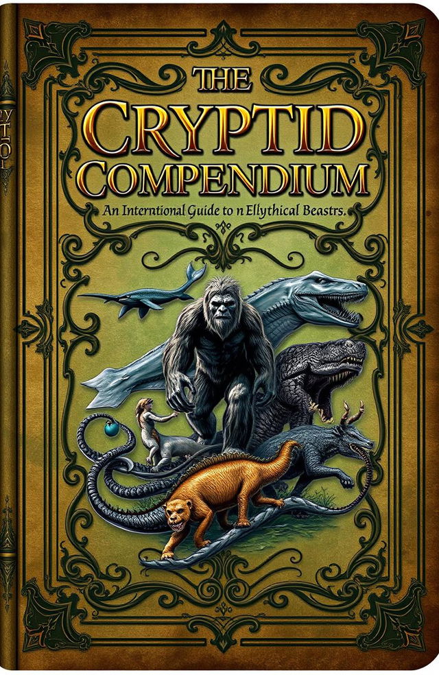 An eBook cover design for a fictional book titled "The Cryptid Compendium: An International Guide to Mythical Beasts and Elusive Creatures"