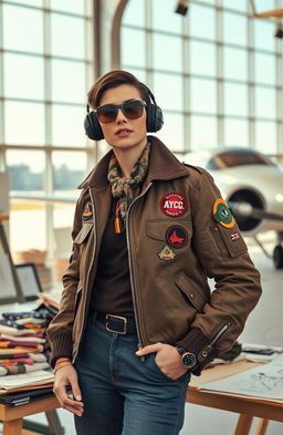 A creative scene depicting a stylish pilot who is also a fashion designer, wearing a chic aviator jacket adorned with patches and fashionable accessories