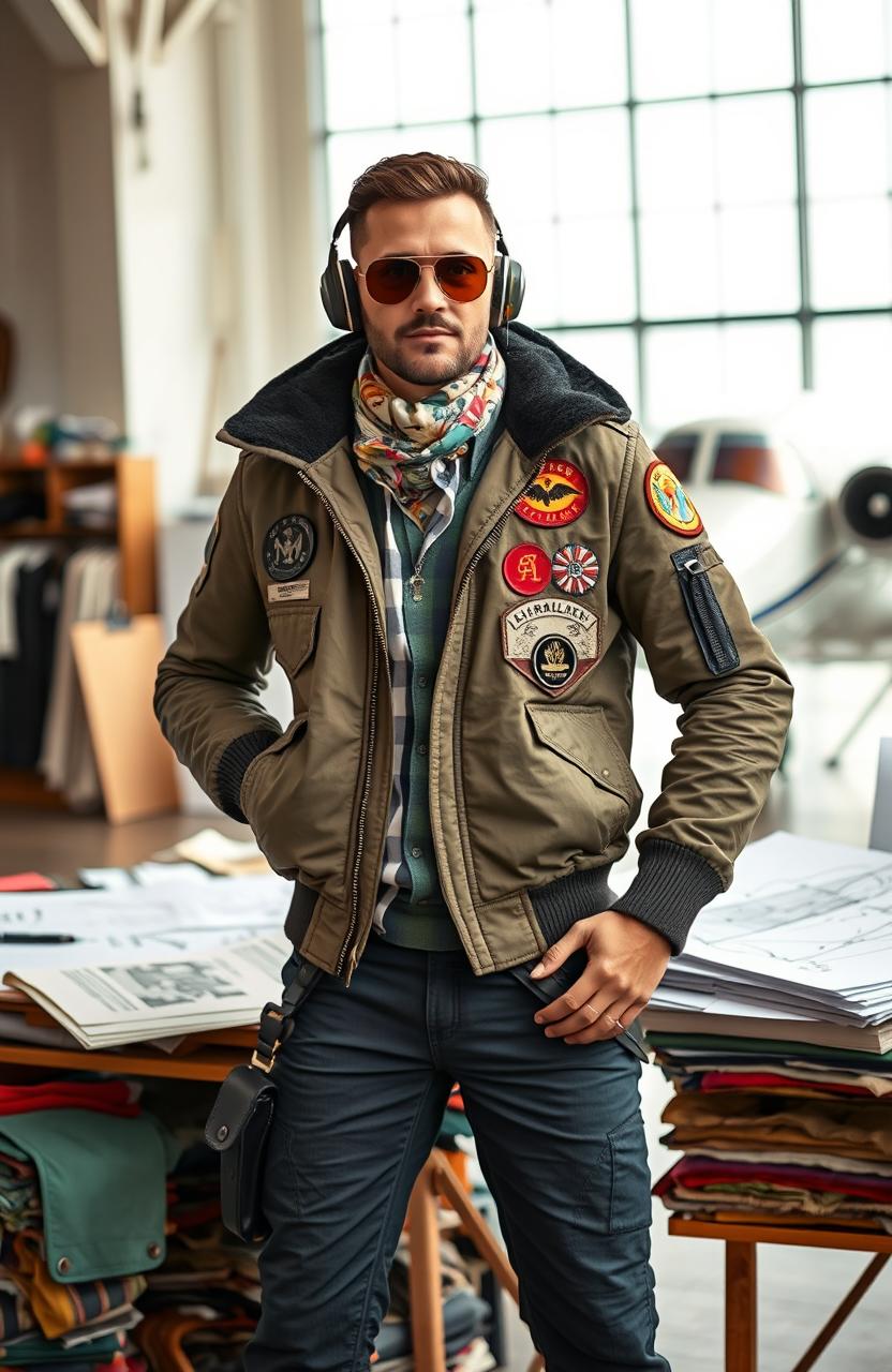 A creative scene depicting a stylish pilot who is also a fashion designer, wearing a chic aviator jacket adorned with patches and fashionable accessories