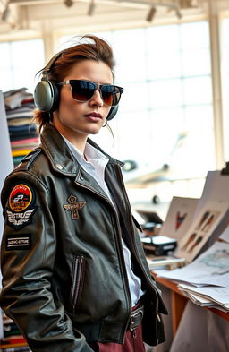 A creative scene depicting a stylish pilot who is also a fashion designer, wearing a chic aviator jacket adorned with patches and fashionable accessories