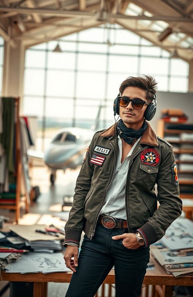 A creative scene depicting a stylish pilot who is also a fashion designer, wearing a chic aviator jacket adorned with patches and fashionable accessories