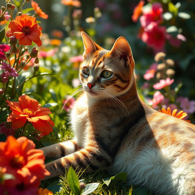 An artistic portrayal of a beautifully decorated and intricately designed cat with exotic patterns on its fur, lounging elegantly in a sunlit garden filled with vibrant flowers and lush greenery, showcasing the essence of feline grace and charm, with soft, ethereal lighting accentuating its features