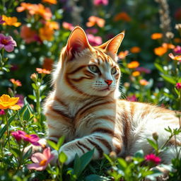 An artistic portrayal of a beautifully decorated and intricately designed cat with exotic patterns on its fur, lounging elegantly in a sunlit garden filled with vibrant flowers and lush greenery, showcasing the essence of feline grace and charm, with soft, ethereal lighting accentuating its features