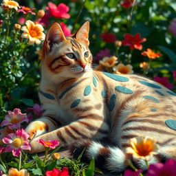 An artistic portrayal of a beautifully decorated and intricately designed cat with exotic patterns on its fur, lounging elegantly in a sunlit garden filled with vibrant flowers and lush greenery, showcasing the essence of feline grace and charm, with soft, ethereal lighting accentuating its features