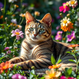 An artistic portrayal of a beautifully decorated and intricately designed cat with exotic patterns on its fur, lounging elegantly in a sunlit garden filled with vibrant flowers and lush greenery, showcasing the essence of feline grace and charm, with soft, ethereal lighting accentuating its features