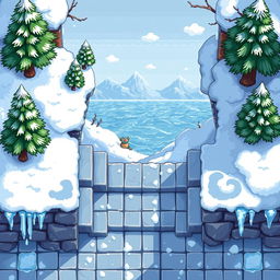 A top-down view of a seamless pixel art background depicting a cozy winter-themed area