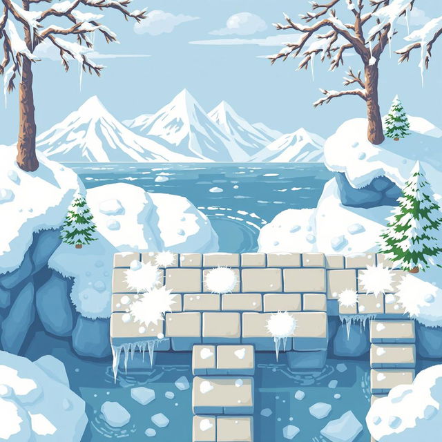 A top-down view of a seamless pixel art background depicting a cozy winter-themed area