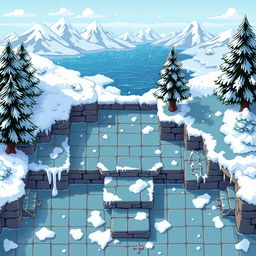 A top-down view of a seamless pixel art background depicting a cozy winter-themed area