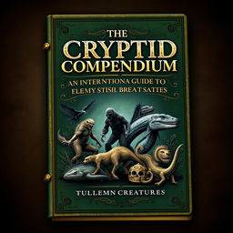 An eBook cover design for a fictional book titled "The Cryptid Compendium: An International Guide to Mythical Beasts and Elusive Creatures"