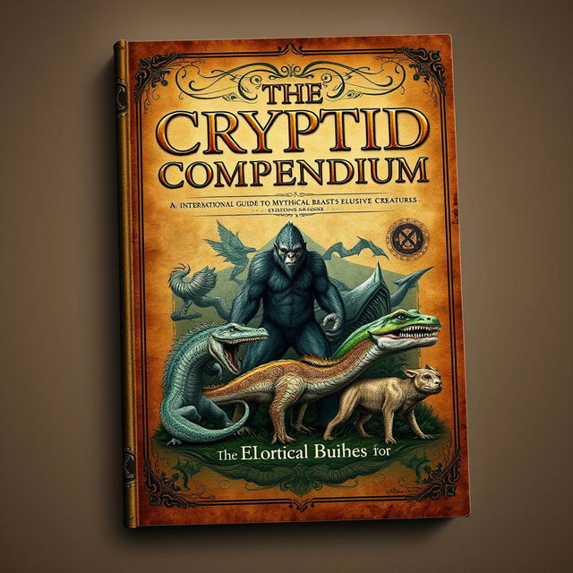 An eBook cover design for a fictional book titled "The Cryptid Compendium: An International Guide to Mythical Beasts and Elusive Creatures"