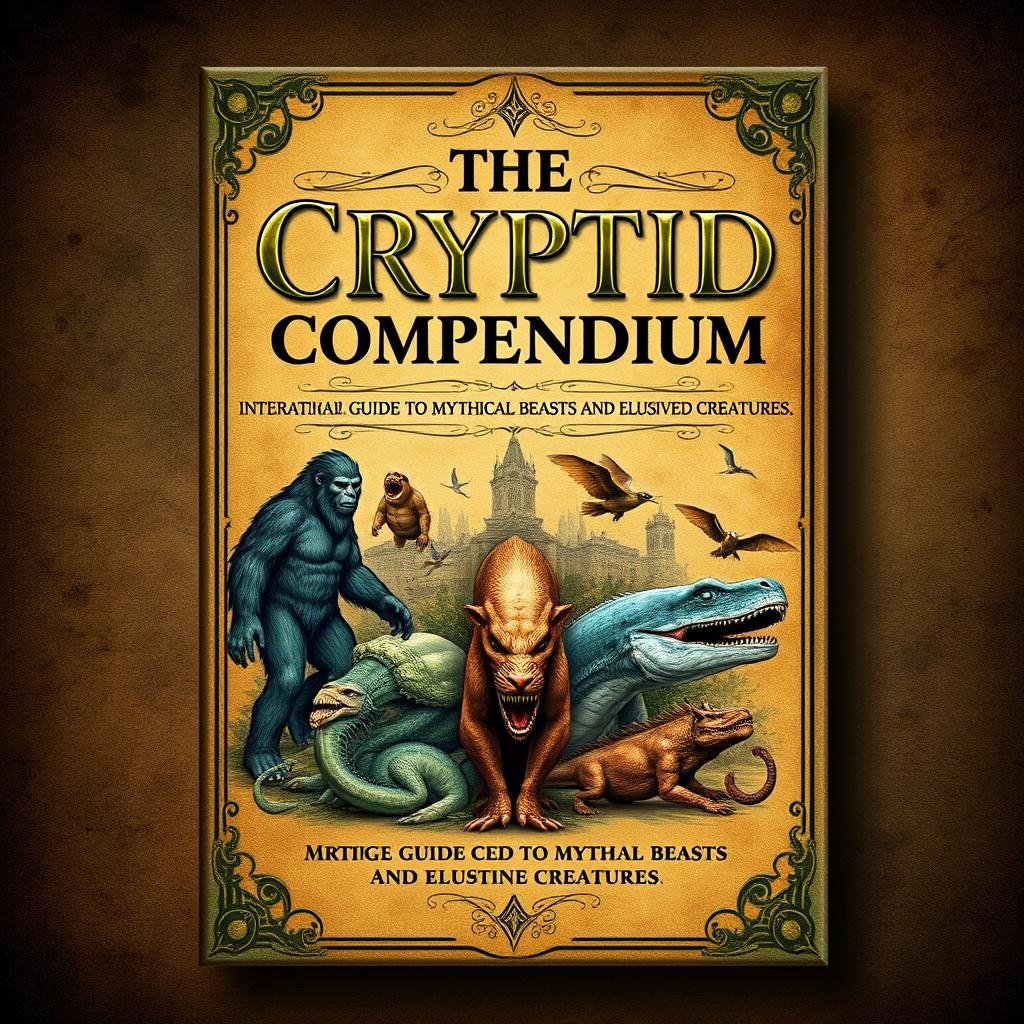 An eBook cover design for a fictional book titled "The Cryptid Compendium: An International Guide to Mythical Beasts and Elusive Creatures"