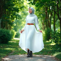 A graceful veiled lady wearing a stunning white abaya paired with a long, flowy pleated white skirt that cascades elegantly around her