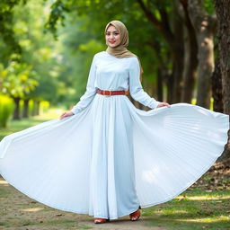 A graceful veiled lady wearing a stunning white abaya paired with a long, flowy pleated white skirt that cascades elegantly around her