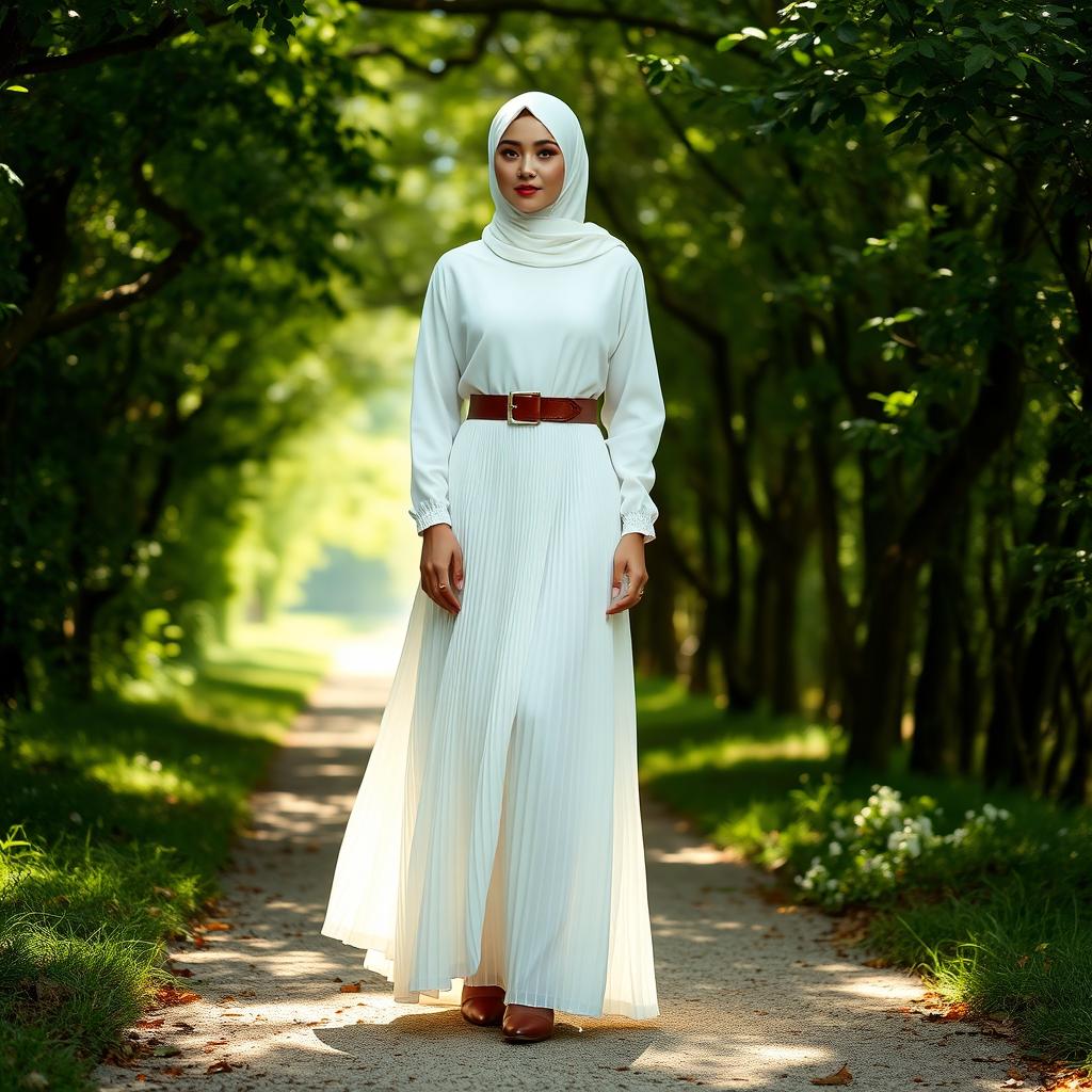 A graceful veiled lady wearing a stunning white abaya paired with a long, flowy pleated white skirt that cascades elegantly around her