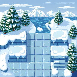 A top-down view of a seamless pixel art background depicting a cozy winter-themed area