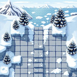 A top-down view of a seamless pixel art background depicting a cozy winter-themed area