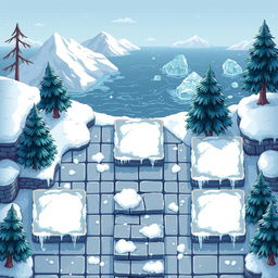 A top-down view of a seamless pixel art background depicting a cozy winter-themed area