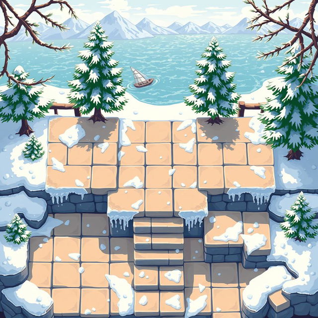 A top-down view of a seamless pixel art background depicting a cozy winter-themed area