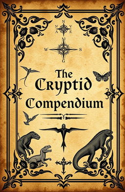 An ancient book cover design titled 'The Cryptid Compendium', featuring illustrations of various cryptids such as Bigfoot, the Loch Ness Monster, Chupacabra, and Mokele-Mbembe