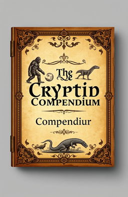 An ancient book cover design titled 'The Cryptid Compendium', featuring illustrations of various cryptids such as Bigfoot, the Loch Ness Monster, Chupacabra, and Mokele-Mbembe