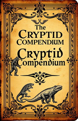 An ancient book cover design titled 'The Cryptid Compendium', featuring illustrations of various cryptids such as Bigfoot, the Loch Ness Monster, Chupacabra, and Mokele-Mbembe