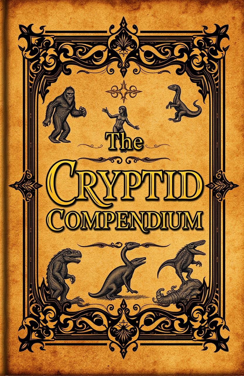 An ancient book cover design titled 'The Cryptid Compendium', featuring illustrations of various cryptids such as Bigfoot, the Loch Ness Monster, Chupacabra, and Mokele-Mbembe