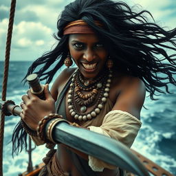 A beautiful and sexy Somali pirate woman with dark skin and long flowing hair, displaying an angry and fierce expression