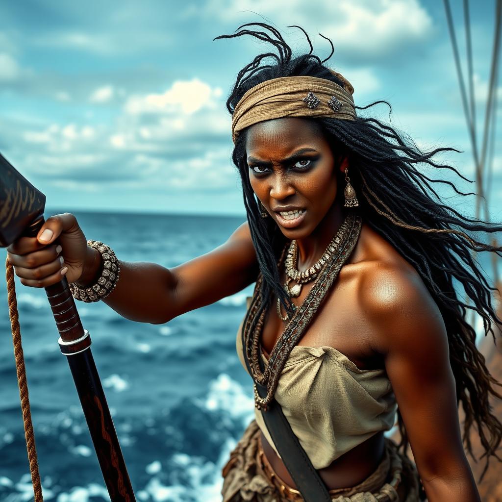 A beautiful and sexy Somali pirate woman with dark skin and long flowing hair, displaying an angry and fierce expression