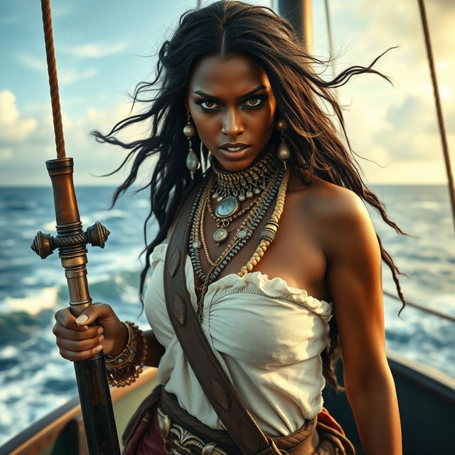 A beautiful and sexy Somali pirate woman with dark skin and long flowing hair, displaying an angry and fierce expression