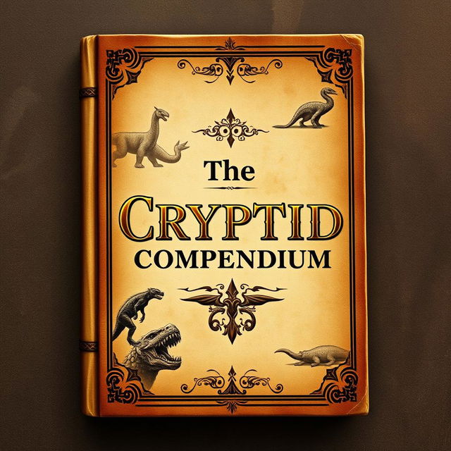 An ancient book cover design for an ebook titled 'The Cryptid Compendium'