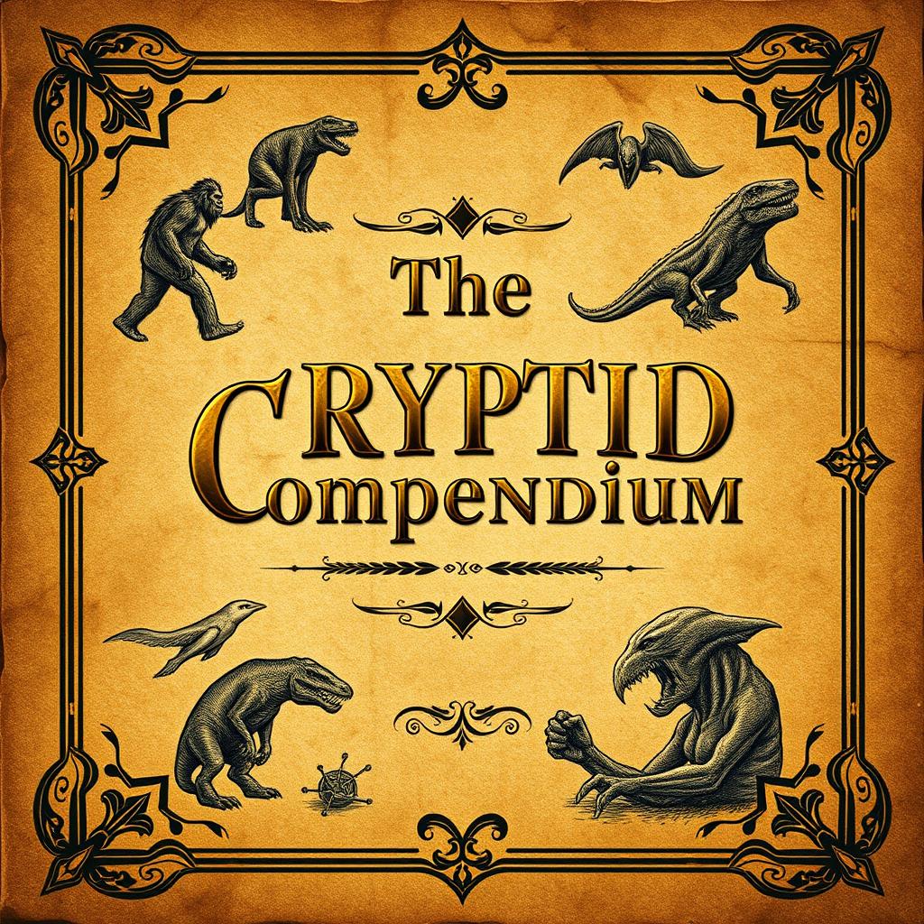 An ancient book cover design for an ebook titled 'The Cryptid Compendium'