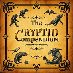 An ancient book cover design for an ebook titled 'The Cryptid Compendium'