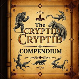 An ancient book cover design for an ebook titled 'The Cryptid Compendium'