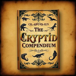 An ancient book cover design for an ebook titled 'The Cryptid Compendium'