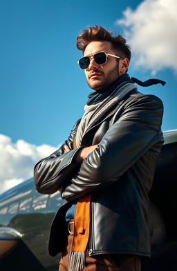 A fashionable pilot dressed in stylish aviator attire, standing confidently in front of a vintage airplane against a bright blue sky