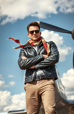 A fashionable pilot dressed in stylish aviator attire, standing confidently in front of a vintage airplane against a bright blue sky