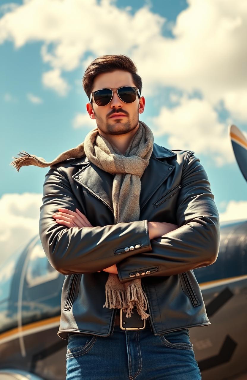 A fashionable pilot dressed in stylish aviator attire, standing confidently in front of a vintage airplane against a bright blue sky