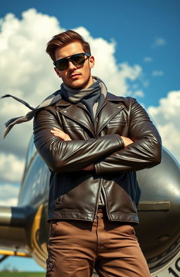 A fashionable pilot dressed in stylish aviator attire, standing confidently in front of a vintage airplane against a bright blue sky