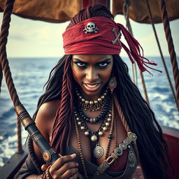 A beautiful and sexy Somali female pirate with dark skin and long hair, displaying an angry expression