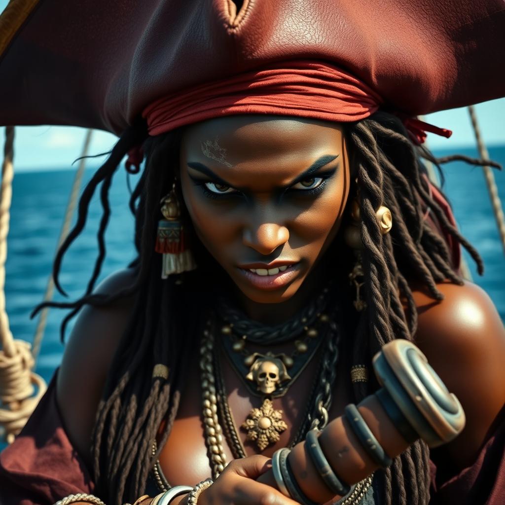 A beautiful and sexy Somali female pirate with dark skin and long hair, displaying an angry expression