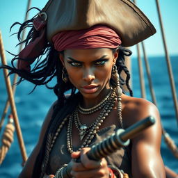 A beautiful and sexy Somali female pirate with dark skin and long hair, displaying an angry expression