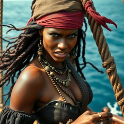 A beautiful and sexy Somali female pirate with dark skin and long hair, displaying an angry expression