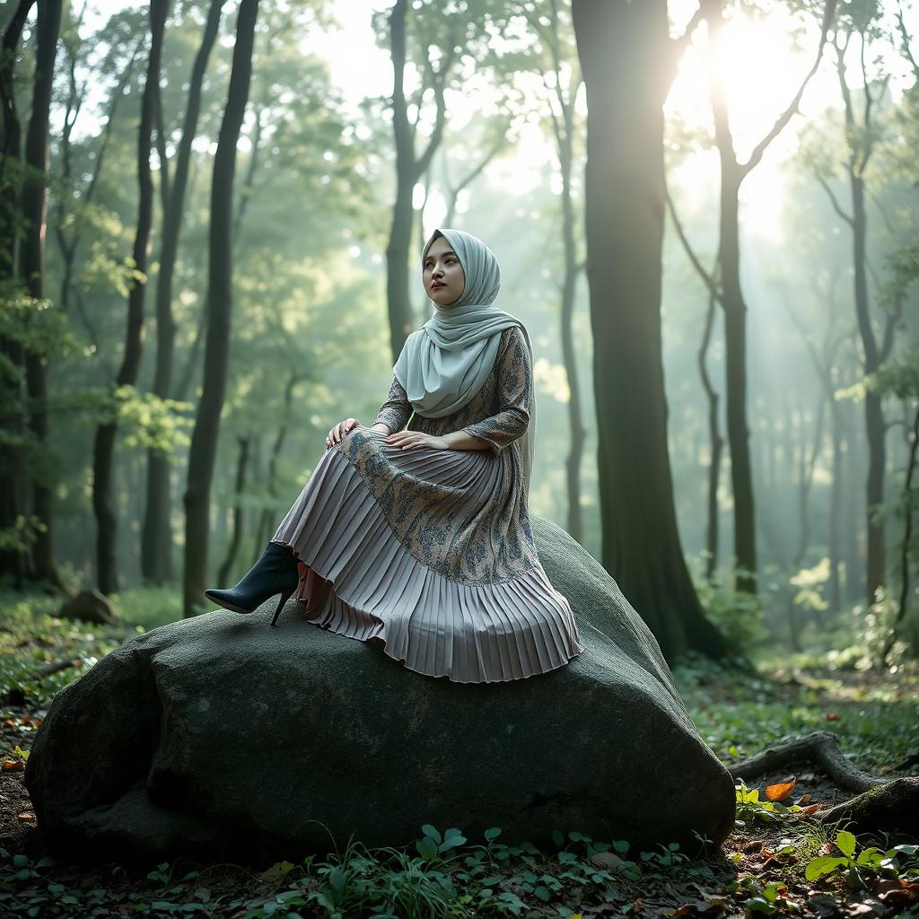 A serene scene featuring a veiled lady sitting gracefully on a natural boulder in a lush forest