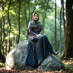 A serene scene featuring a veiled lady sitting gracefully on a natural boulder in a lush forest