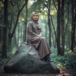A serene scene featuring a veiled lady sitting gracefully on a natural boulder in a lush forest