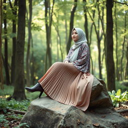 A serene scene featuring a veiled lady sitting gracefully on a natural boulder in a lush forest