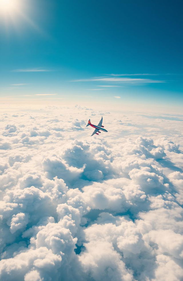 A stunning view of a bright blue sky filled with fluffy white clouds, with a sleek, modern airplane soaring gracefully through the air