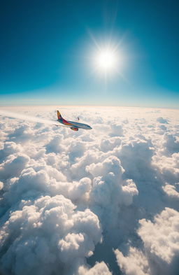 A stunning view of a bright blue sky filled with fluffy white clouds, with a sleek, modern airplane soaring gracefully through the air