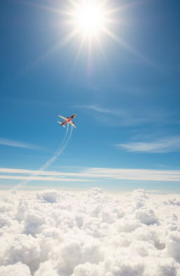 A stunning view of a bright blue sky filled with fluffy white clouds, with a sleek, modern airplane soaring gracefully through the air