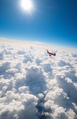 A stunning view of a bright blue sky filled with fluffy white clouds, with a sleek, modern airplane soaring gracefully through the air